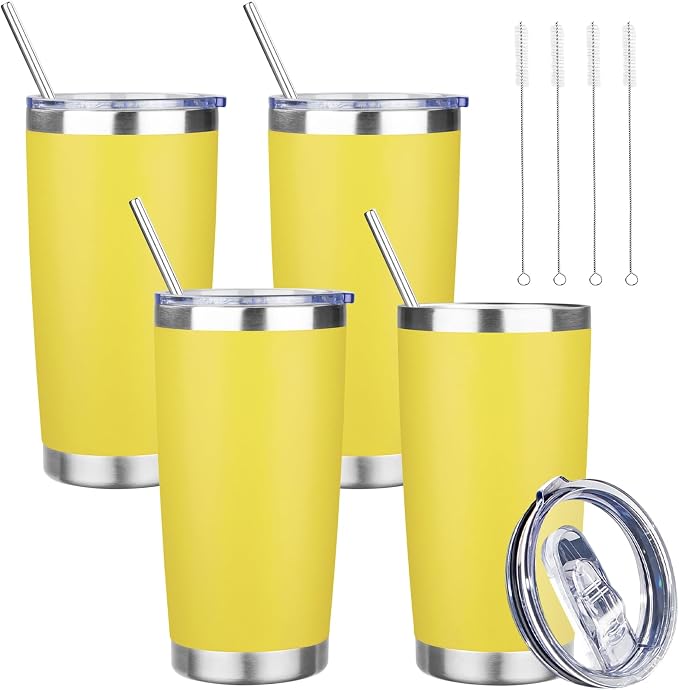 20 oz Tumbler with Lids and Straws, Stainless Steel Insulated Travel Coffee Mug, Double Wall Vacuum Insulated Tumblers, Powder Coated Coffee Tumbler for Cold & Hot Drinks (Yellow, 4 Pack)