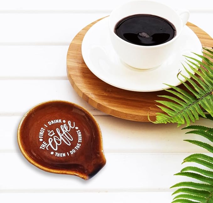 Littlefa Coffee Spoon Rest Holder-Coffee Bar Accessories-Rustic Brown | Farmhouse Ceramic Coffee Spoon Rest for Coffee Bar Accessories Essentials, Coffee Lovers Gifts, But First I Drink Sign