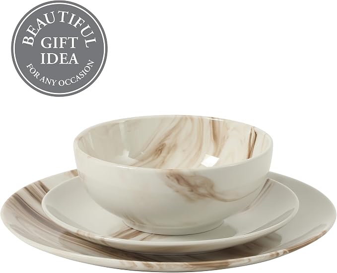 Gibson Home Cloudlight 12 Piece Plates and Bowls Dishes Brown and White - Decorated Porcelain Ceramic Dinnerware Set - Service for 4