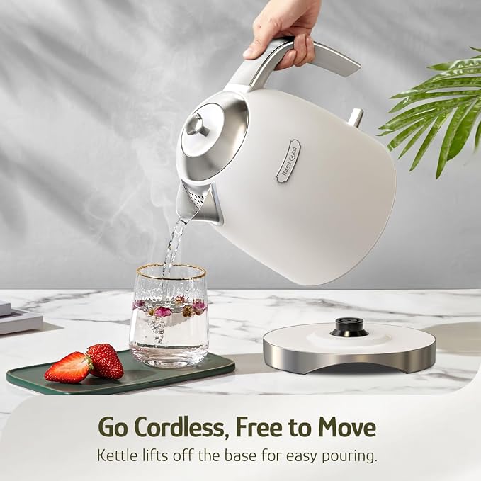 Hazel Quinn Electric Kettle 1.7 Liers(57oz) Stainless Steel, Pearl White | 1200W fast boiling, BPA-free, cordless with rotating base and auto shut-off; ideal for home or office and daily use