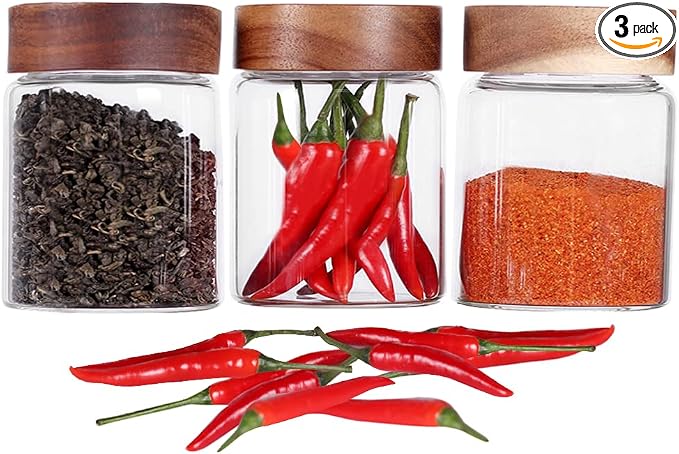 SAIOOL 3 Packs Glass Food Storage Jars with Screw Airtight Seal Acacia Wood Lids,Spice Jars with Lids, Organization for Jars Bottles Containers Travel Gear, Sugar, Salt,Coffee, cookies,spices | Screw Airtight Seal, Spice Jars, For Sugar, Salt, Coffee, ...