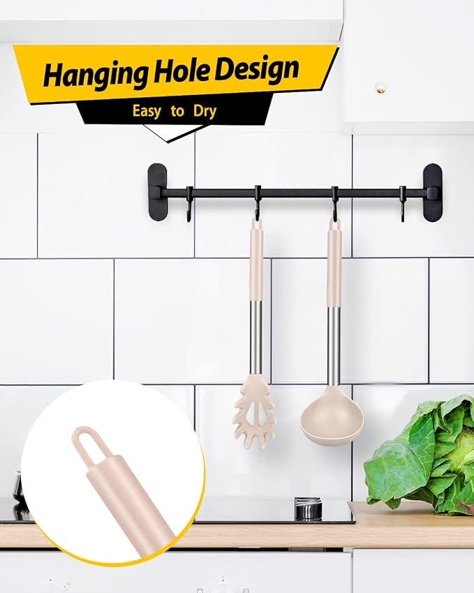 BUNDLEPRO Silicone Pasta Fork and Ladle Spoon Set, 2 Pack, Khaki | Large Non Stick, High Heat Resistant Kitchen Utensils for Cooking,Stirring,Serving Spaghetti, Soup, Sauce