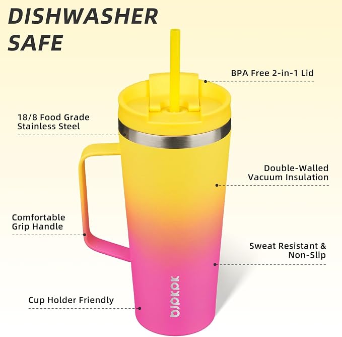 BJPKPK 22oz Insulated Tumbler with Handle, Lid & Straw, Stainless Steel | Double Wall Vacuum Insulated Coffee Travel Mug - Keeps Cold & Hot, BPA Free, Cupholder Fit for Office, Gym & Travel