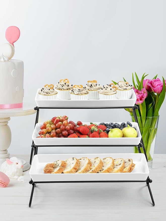 3 Tier Serving Tray Set, 14" White Porcelain Platters with Collapsible Metal Stands, Tiered Serving Stand for Party Food Display, Cupcakes, Desserts, Fruit & Appetizers | 3*Porcelain Durable Serving Plates, Microwave/Dishwasher Safe, Modern Cupcake Fru...
