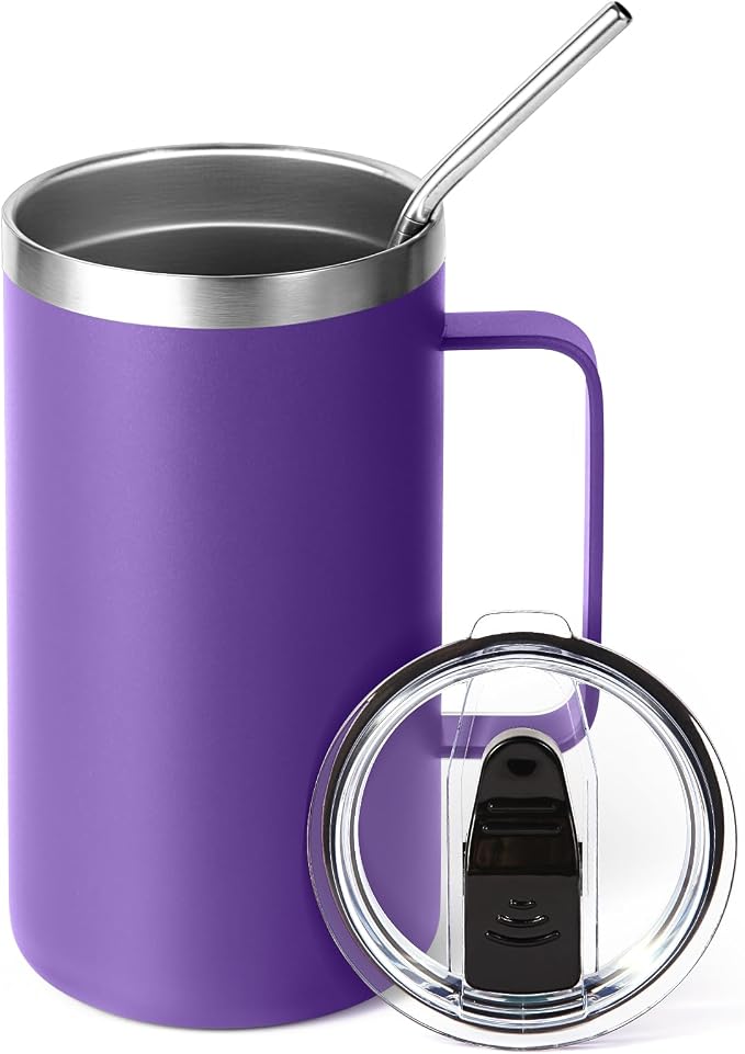 Volhoply 22oz Insulated Stainless Steel Coffee Mug with Leakproof Lid,Double Wall Vacuum Travel Coffee Cup with Handle,Reusable Metal Tumbler,Camping Mugs Keep Hot&Cold(Purple,1)