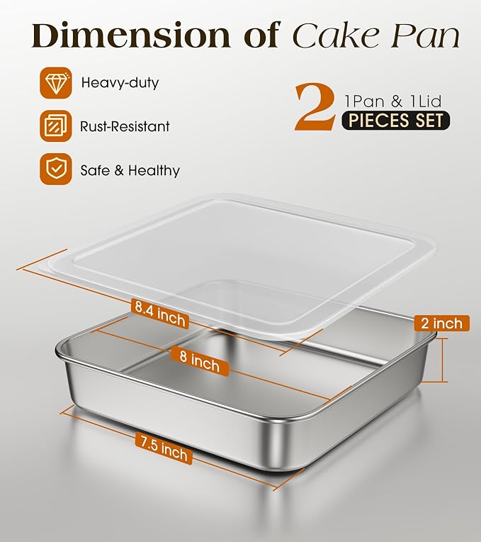 8 x 8-Inch Baking Pan with lid, 304 Stainless Steel Square Cake Pan, Commercial Grade Bakeware for Cakes Brownies Casseroles, Thicker Rectangle Sheet Cake Pans, Non-toxic & Heavy Duty &Dishwasher Safe