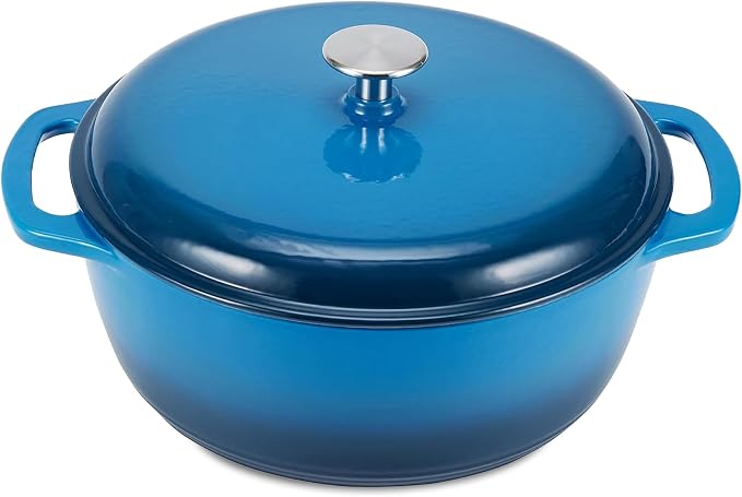 Amazon Basics Enameled Cast Iron Dutch Oven Pot with Lid, Round, Dual Handles, Heavy-Duty, Oven Safe for Stews, Roasting, Baking,4.3-Quart, Blue