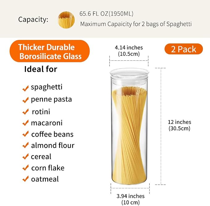 ZENS Glass Spaghetti Storage Container, 65oz Tall Glass Jars Set of 2 | Borosilicate Glass Canisters with Airtight Lids, Spaghetti Pasta Airtight Storage Jars for Kitchen Pantry
