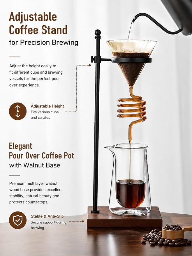 Pour Over Coffee Maker Set, with Adjustable Coffee Stand, Double Layered Glass Coffee Pot, Spiral Shaped Coffee Filter