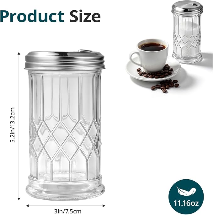 12oz Glass Sugar Jar, Glass Jar with Stainless Steel Lid | Sugar Container Sugar Dispenser with Pour Spout, Salt, Pepper, Parmesan, Cinnamon, & Spices,，for Coffee Bar or Counter