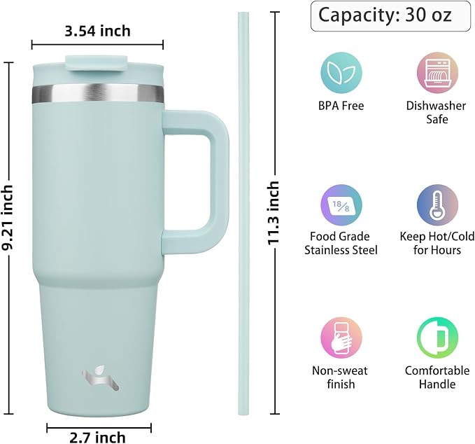 Konokyo 30 oz Insulated Tumbler Water Bottle with Handle, Straw Lid | BPA-free and dishwasher safe; made for gym, travel, coffee and gifting, 2 straws, cup holder friendly,Blue Haze