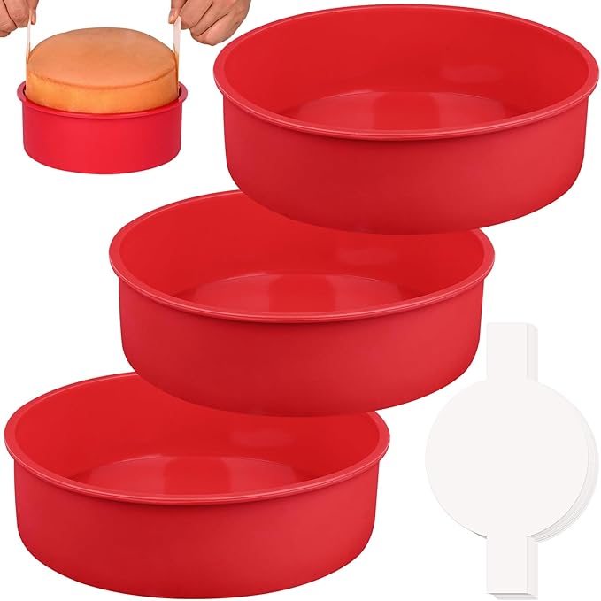 HUAKENER 10" Round Cake Pan, 3 Pcs Silicone Cake Molds with Parchment Paper | Nonstick,10 Inch Cake Molds with 100 Pieces Parchment Paper for Birthday Cakes, Layer Cakes, Cheese Caks, Chocolate Cakes