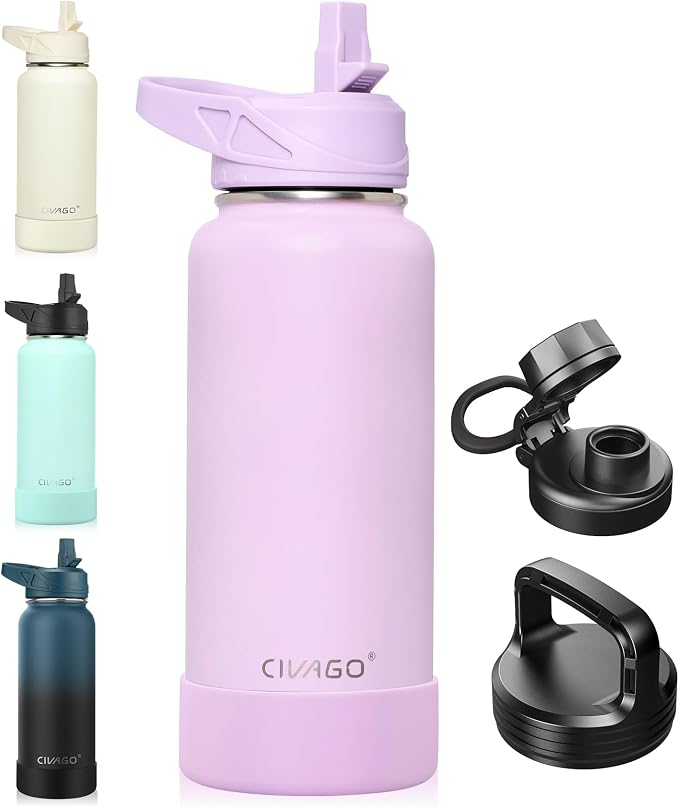 CIVAGO 32 oz Insulated Stainless Steel Water Bottle With Straw and 3 Lids | Large Metal Sports Water Jug, Leakproof Reusable Wide Mouth Thermal Flask Cup with Silicone Boot, BPA-Free, Lavender