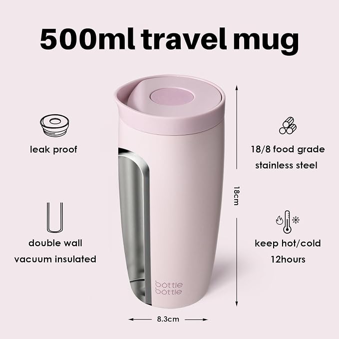 BOTTLE BOTTLE Insulated Coffee Tumbler with Push Button Lid 16oz(Pink) | Leakproof,Stainless Steel Travel Mug,Keeps Drinks Hot & Cold for 6 Hours,for Office & On the Go