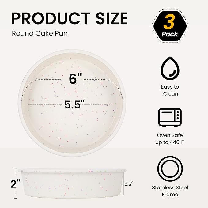 Vinino 6 Inch Round Cake Pan Set, 3 Pack Silicone Mold with Metal Frame | Great for Multiple Cake Creations, Cheesecake, Desserts and Everyday Baking with Easy Cleanup