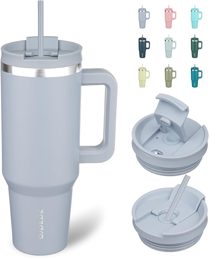 BJPKPK 40 oz Insulated Tumbler with Handle & Straw, Stainless Steel | Double Wall Vacuum Insulation, Leak Proof, BPA Free, Dishwasher Safe, Cupholder Friendly, Travel & Outdoor, Modern Blue