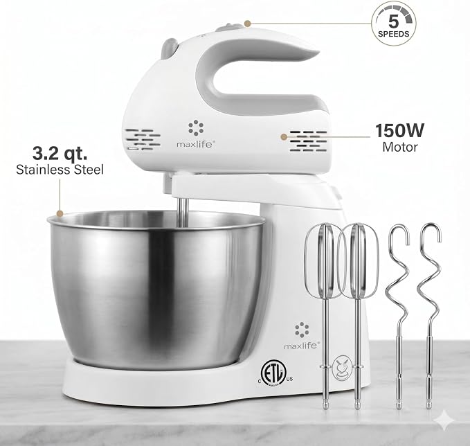 Max Life 3.2 Quarts Stand Mixer - 5-Speed Electric Powerful Stand Mixer, White, with Stainless Steel Bowl, Dough Hooks, Beaters,