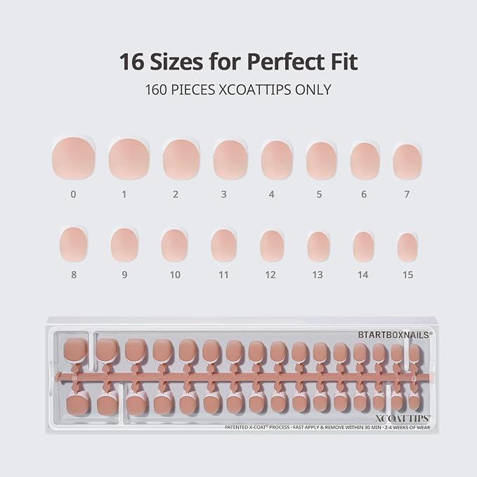 BTArtboxnails XCOATTIPS White French Tip Press On Nails, XXS Squoval, Peach | Lamp-Curable, 4-Week Wear, Natural Nail Look, Salon Quality Value at Home, Easy-to-Apply for Beginners, 160ct Nail Tips Only