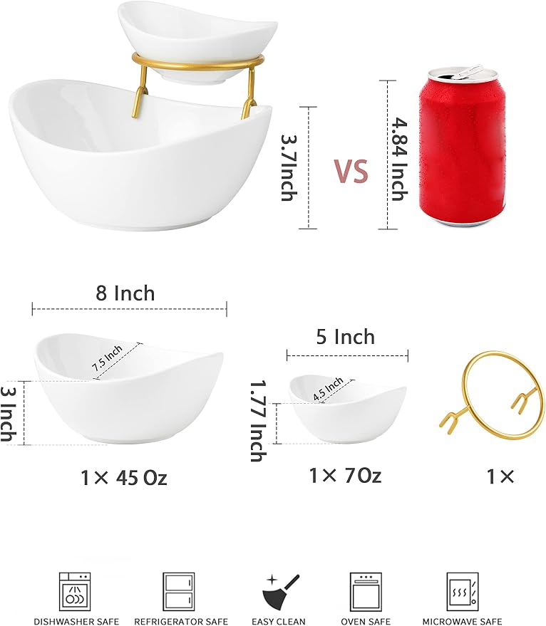 YHOSSEUN Chip and Dip Serving Set 2 Tiered Chip Dip Bowls with Metal Rack | Large Chip Bowl 45 oz for Appetizer, Snacks, Small Dip Bowl 7 oz for Sauce, Serving Bowls for Party, Food Dispaly, Gold Stand