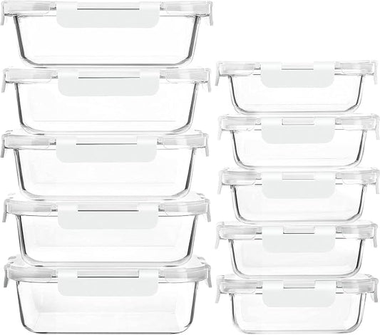 M MCIRCO 10 Pack Glass Food Storage Containers with Lids, White | Glass Meal Prep Containers,Airtight Lunch Containers with Lids, Microwave, Oven, Freezer and Dishwasher Friendly, BPA Free