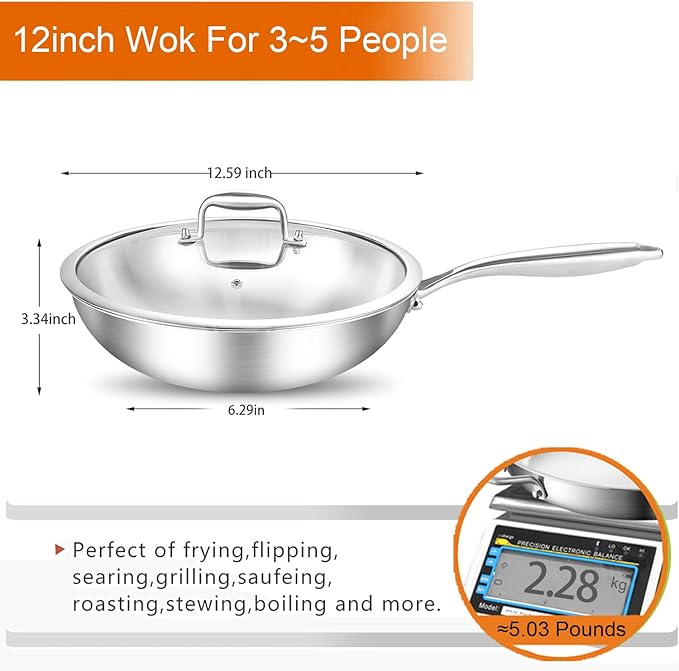 DELARLO Tri-Ply Stainless Steel Woks, 12 Inch Healthy Non-Toxic Cooking Wok Pan with Lid, Wide & Deep Cookware Stir-Fry Pans, Dishwasher and Oven Safe Up To 600°F, Works on Induction，Detachable Handle