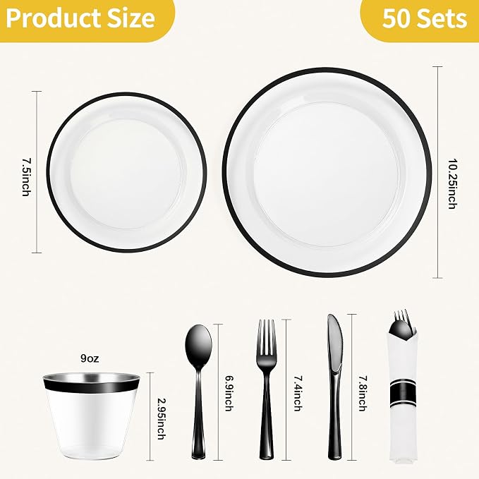 350 Pcs Clear Plastic Plates with Black Rim, Plastic Dinnerware | Disposable Plates for 50, Includes 100 Plates, 50 Pre Rolled Napkins with Cutlery Set, 50 Cups, for Graduation Party