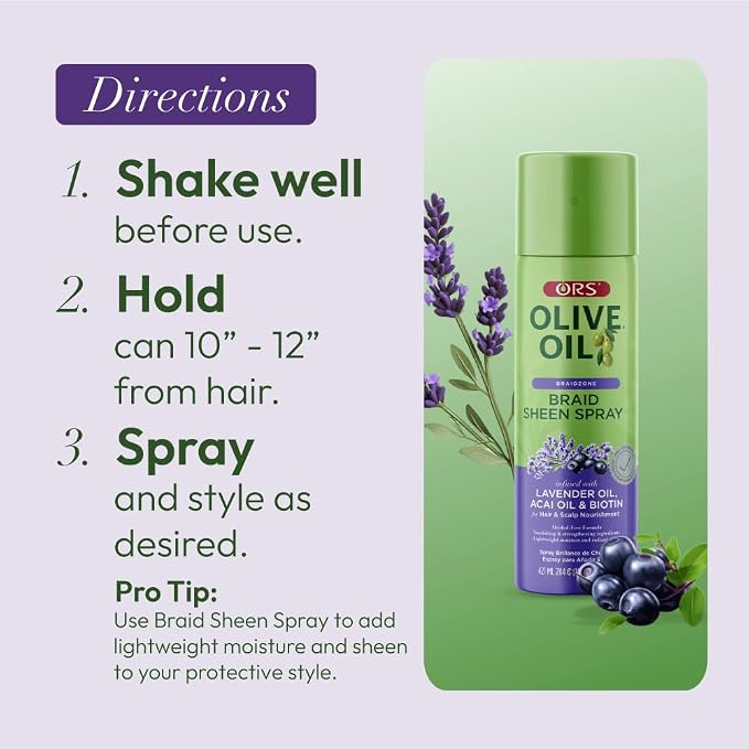 ORS Olive Oil Braidzone Braid Sheen Spray with Lavender, Acai & Biotin for Hair & Scalp Nourishment 10 Ounces