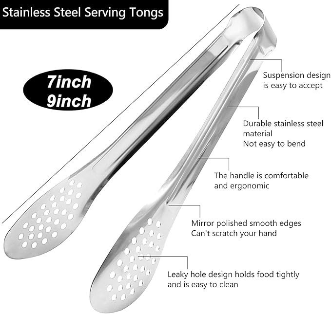6 Pack Buffet Tongs,Stainless Steel Serving Tongs Serving Utensils 7Inch | 6-piece silver set with perforated tips for salads, appetizers, bread, desserts, parties, catering and family meals
