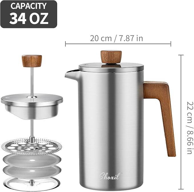 French Press Coffee Maker, 34oz Stainless Steel Coffee Press Real Wood Handle, Double Wall Insulated French Coffee Press with Dual-Filter Screen, Perfect for Camping & Kitchen Use