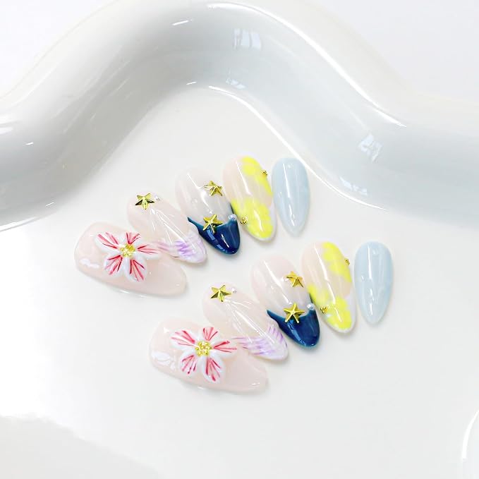 Handmade Press on Nails 3D Pink White Flower Fake Nails Salon Quality Medium Almond Acrylic Nail French Summer Starfish False Nails Designs Full Cover Stick on Nail for Women（Size S）