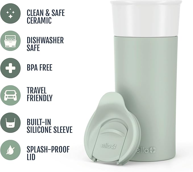 Ello Ogden 16oz Ceramic Travel Mug with Slider Lid and Sleeve, Honeydew | Splash-resistant ceramic travel mug with slider lid and protective silicone sleeve. BPA-free, great for coffee and tea.