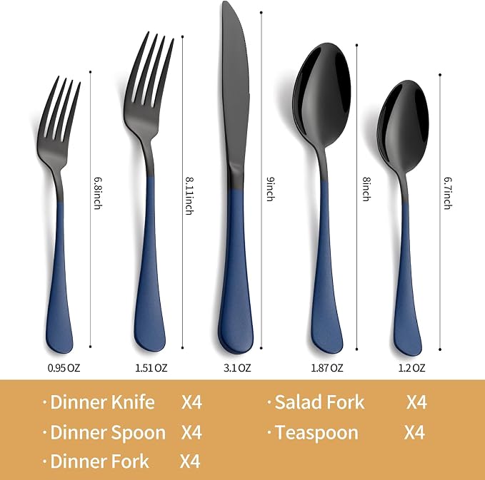 20-Piece Black and Dark Blue Silverware Set 18/0 Stainless Steel Silverware Set Dark Blue Handle Cutlery Set Service for 4 Dinner Knives Forks Spoons Set Flatware Set Finish Dishwasher Safe