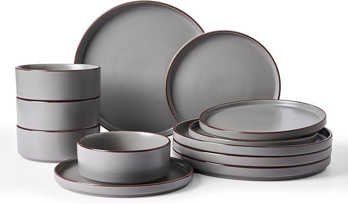 Famiware Nebula Ridge 12-Piece Stoneware Dinnerware Set, Dark Gray | Plates and Bowls for 4, Warm Hand-Painted Rims, Microwave and Dishwasher Safe, Daily Essentials