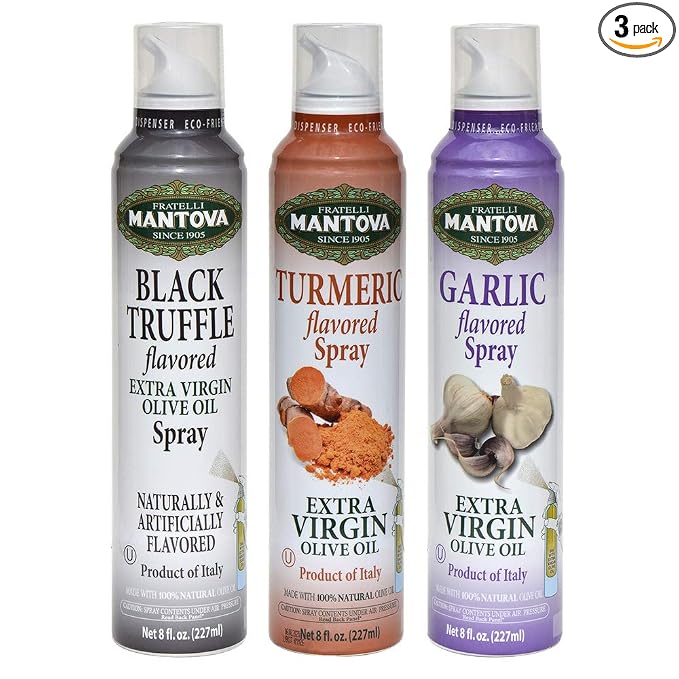 Mantova Spray Extra Virgin Olive Oil Variety Set - Garlic | Black Truffle | Turmeric - 8 Fl. Oz. (Pack Of 3) - Product Of Italy