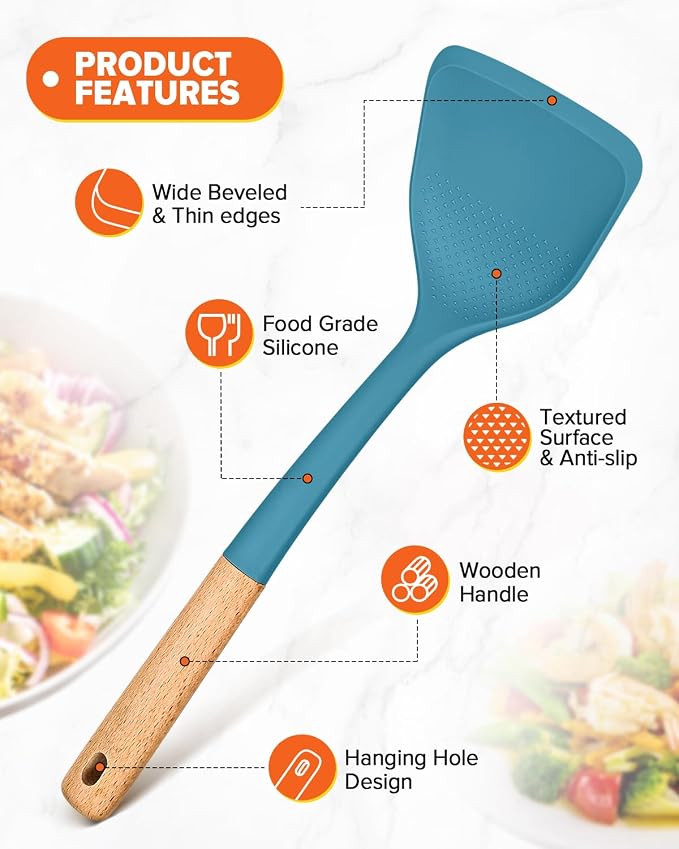 Silicone Cooking Utensils Set, Safe for Nonstick Cookwares, Blue | Perfectly Angled for Frying, Mixing,Serving,Draining,Turning and Stirring, BPA-Free Matte Silicone, Wood Handles,4 Pack