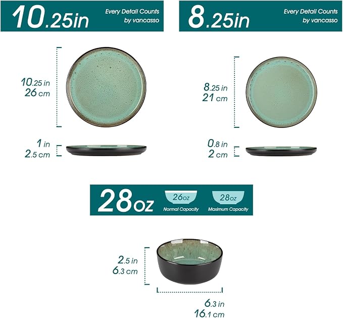 vancasso Plates and Bowls Sets, 18 Pieces Stoneware Dinnerware Sets for 6, Kitchen Dish Set Mircowave and Dishwasher Safe Ceramic Dishware, Turf Green, Series AMBER