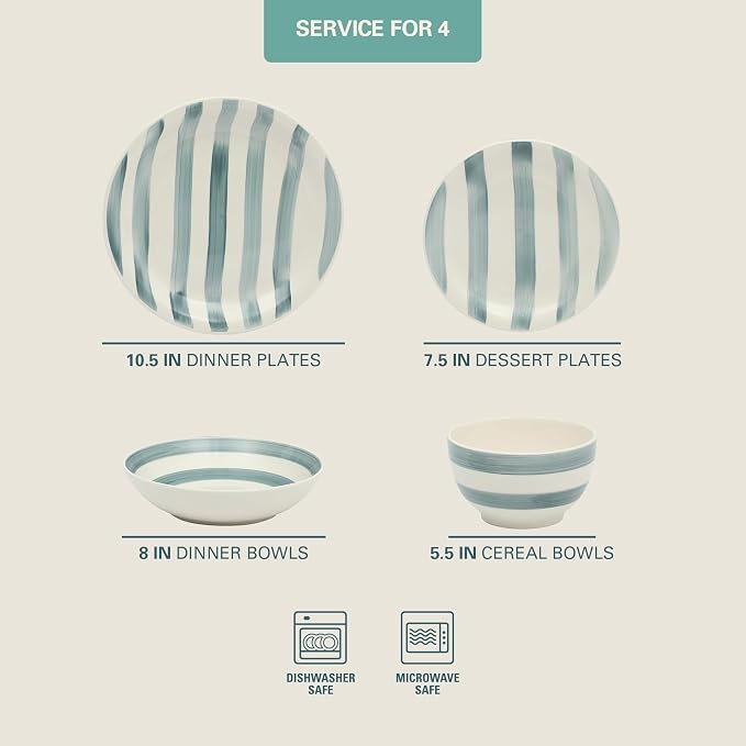 Gibson Home Kenwood Shores 16 Piece Dinnerware Set, Blue Striped, Hand-Painted Stoneware Dishes, Plates and Bowls, Service for 4, Microwave & Dishwasher Safe