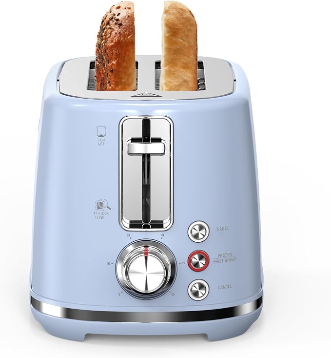 LONGDEEM 2 Slice Toaster with 1.5" Extra Wide Slots & Removable Crumb Tray 6 Browning Options, Auto Shut Off & Frozen Function, Toast Fruit Bread, Bagel & Waffle, Blue