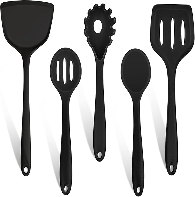 TeamFar Silicone Cooking Utensils Set, 5-Piece Kitchen Utensils Set | Heat Resistant Nonstick Slotted Solid Spoon Turner Pasta Server for Frying Serving Mixing, Non-Toxic & Dishwasher Safe, Black