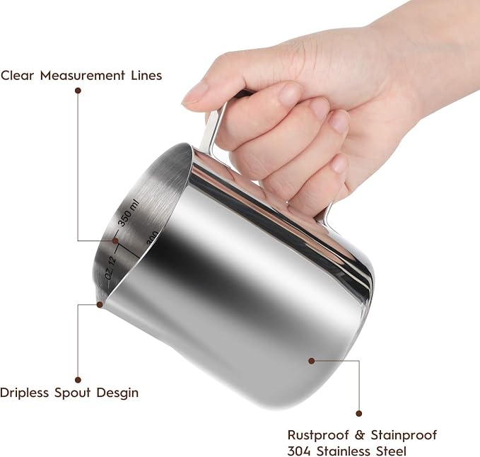 Milk Frothing Pitcher, Thicker Version 350ml 12oz Steaming Pitchers Stainless Steel Milk Coffee Cappuccino Latte Art Barista Steam Pitchers Milk Jug Cup with Decorating Pen