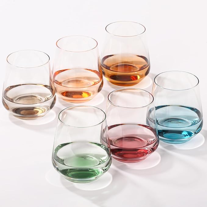 JOVGANK Colored Stemless Wine Glasses Set of 6 - Hand Blown White Red Stemless Wine Glass - 17 oz, [Lead-Free Crystal Glass] Large Short Glass Tumblers, Gift for Housewarming and Mother's Day