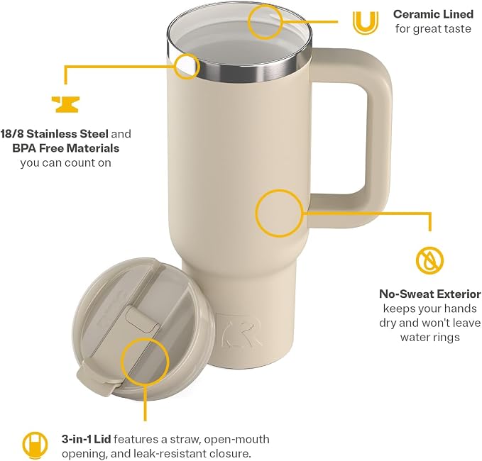 RTIC 30oz Road Trip Tumbler, Insulated, Ceramic Lined, Beach | with Lid, Handle and Straw, Stainless Steel Metal Cup, Portable for Hot and Cold Drinks, Coffee, Car, Camping, Travel