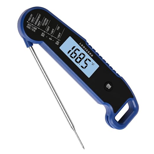 Lonicera Instant-Read Meat Thermometer, 1-Second, IP67 Waterproof, Blue | Thermocouple sensor delivers readings in 1 second with ±0.9°F accuracy, plus IP67 waterproofing, auto-rotate and wake
