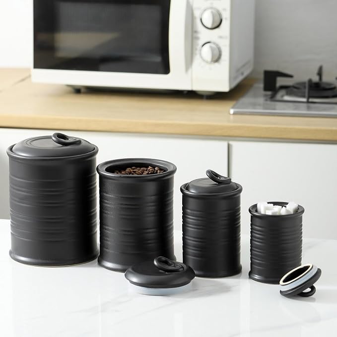 Nihow Food Storage Jar,Ceramic Canister Sets for The Kitchen,Set of 4,Black | Air Tight Lid,Seal Damp-proof,For Flour/Sugar/Rice/Coffee/Cookies/Candy,Kitchen Counter Canister
