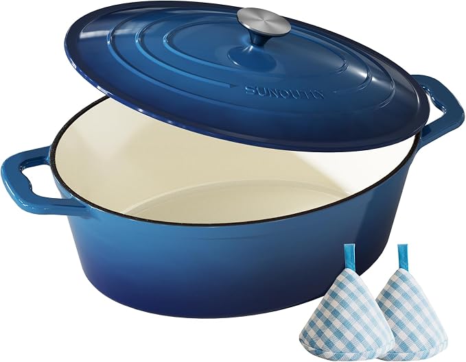 Enameled Cast Iron Dutch Oven - 9.3QT Dutch Oven Pot with Lid & Cotton Potholders - Heavy-Duty Non Stick Casserole Pot for Braising, Stews, Roasting, Baking, Suitable for All Stovetops, Navy Blue