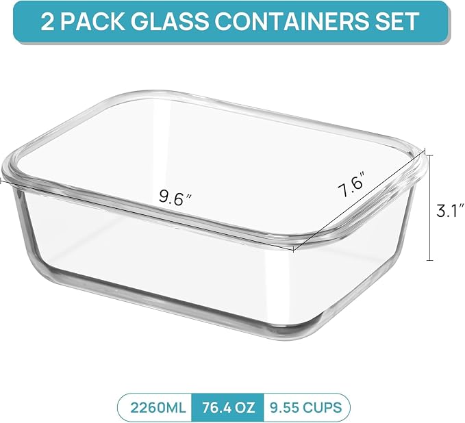 Vtopmart 2Pack 2260ml/76.4oz Extra Large Glass Storage Containers, Green | Meal Prep Food Container Set with Snap Airtight Lids, Microwave, Oven, Freezer, Dishwasher Safe, Baking, BPA Free