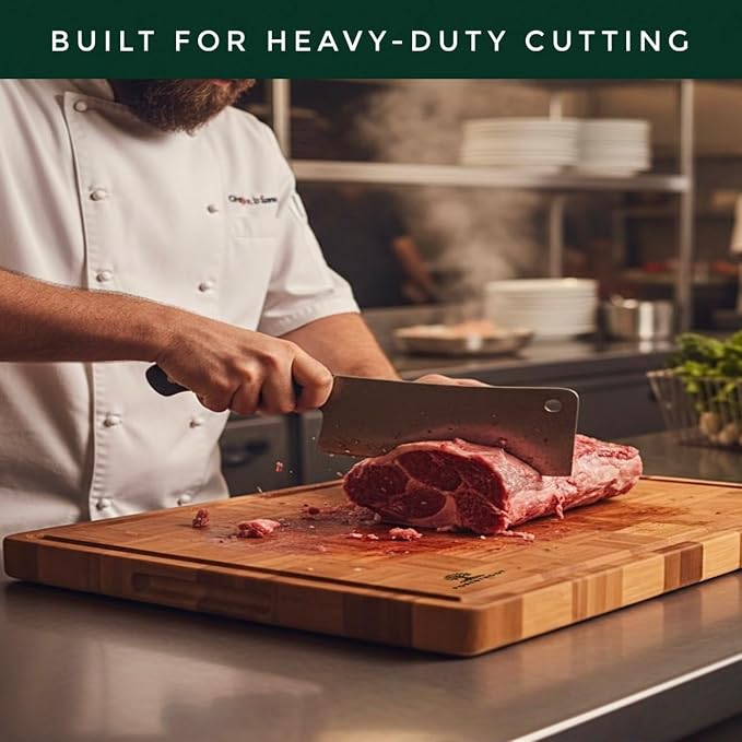 Premium End Grain Bamboo Cutting Board for Kitchen, 15 x 10 Inch Heavy Duty Butcher Block with Juice Groove, Built-In Handle, Hanging Hole & Reversible Design for Meat, Vegetables & Fruits