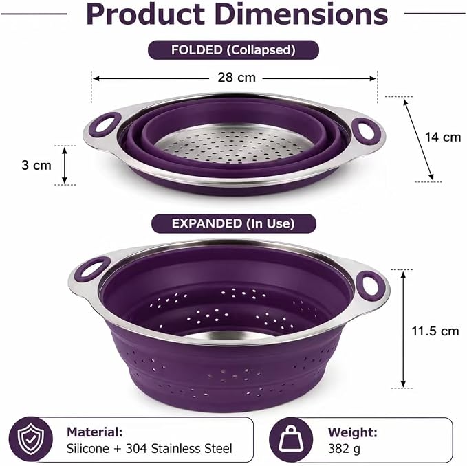 Mejoncb Collapsible Colander – Platinum Silicone Strainer with Stainless Steel Base, BPA-Free & Heat Resistant Kitchen Drain Basket (Purple)