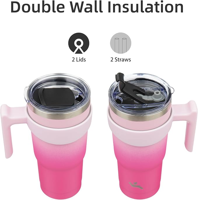 Konokyo 20 oz Tumbler with Handle and Straw, Insulated Travel Mug | Cherry; BPA-free, leak-proof tumbler with 2 lids, 2 straws, cup holder fit for coffee, office, travel & daily use