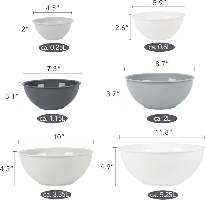 BoxedHome BPA Free Plastic Round Mixing Bowl with Lids, 12 Pack Nesting Bowls with Lids Set, Microwave and Dishwasher Safe Prep & Serving Bowls Great for Mixing, Baking, Serving (White, 12pcs)